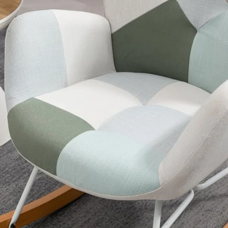 MEUBLE COSY Schaukelstuhl Sessel Schaukelsessel Stillstuhl Schwingstuhl mit Armlehnen Gepolsterter Sitzfläche für Wohnzimmer Schlafzimmer, Balkon, Stoff und Holzkufen, Bis 120 kg Belastbar, Patchwork – Bild 8
