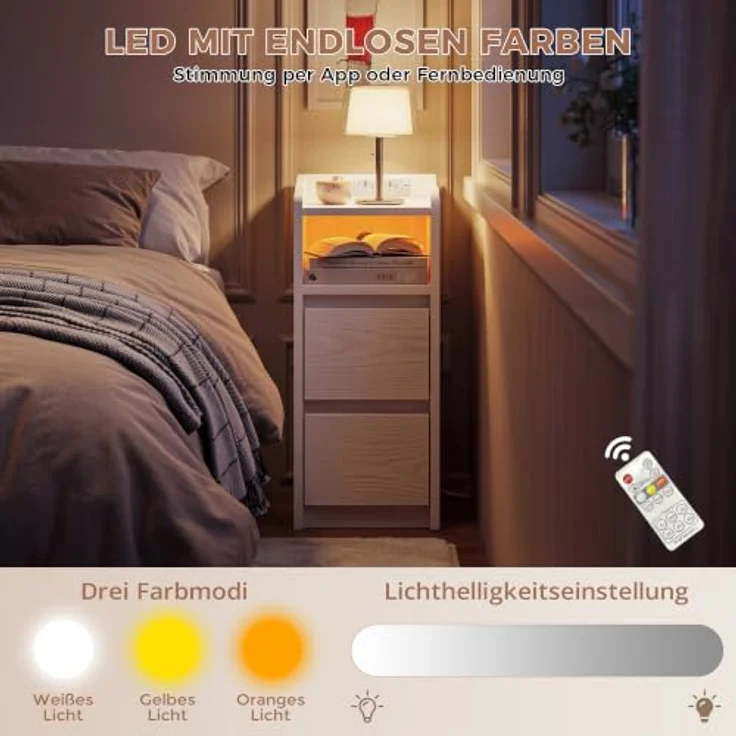 IRONCK Nachttisch Schmal (2, Weiß) | Bedside Table mit Offenem Fach für Schmale Räume Schlafzimmer, Wohnzimmer, 2 Schubladen,2 AC-Steckdosen,USB+Typ-C Anschlusse – Bild 8