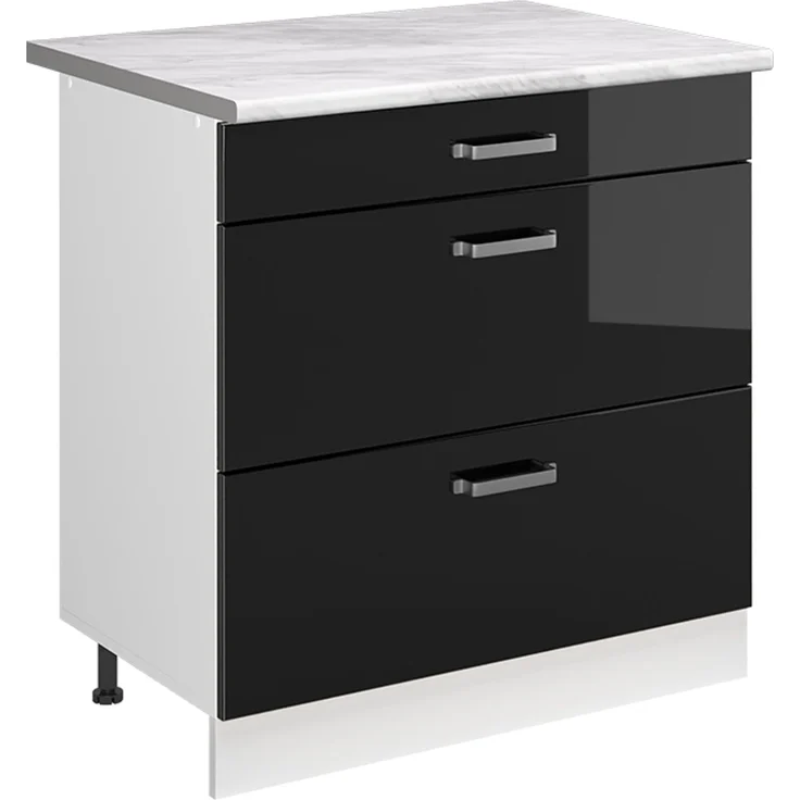 Küchenunterschrank R-Line Schwarz Hochglanz/Weiß 80 cm mit 3 Schubladen Arbeitsplatte Marmor Vicco – Bild 1
