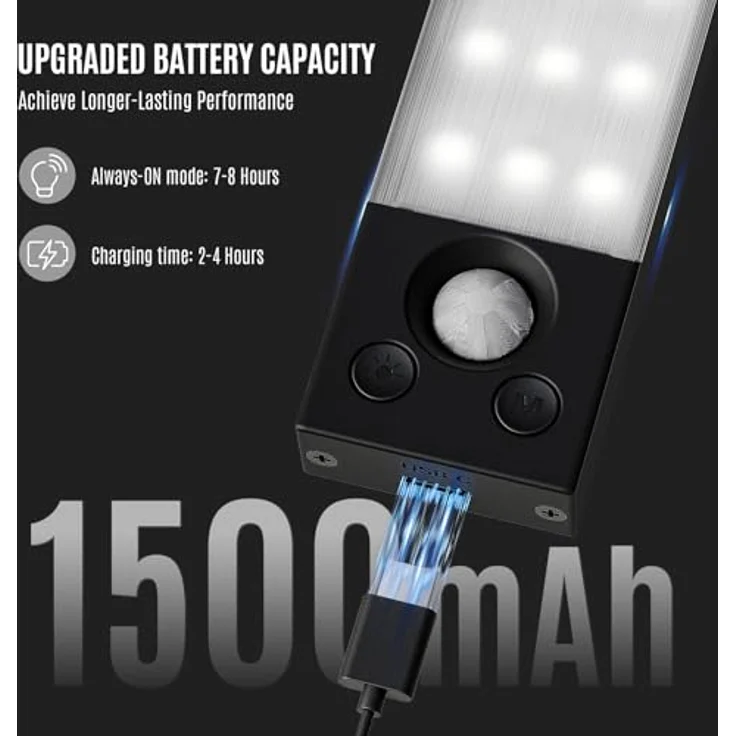 LQWELL LED Unterbauleuchte mit Bewegungsmelder, Dimmbar, Akku, USB-C Wiederaufladbar Schranklicht, LED fest integriert, Treppenlicht Nachttischlampe 22,5 cm, 1500 mAh, für Küche, Kleiderschrank, Schlafzimmer – Bild 5