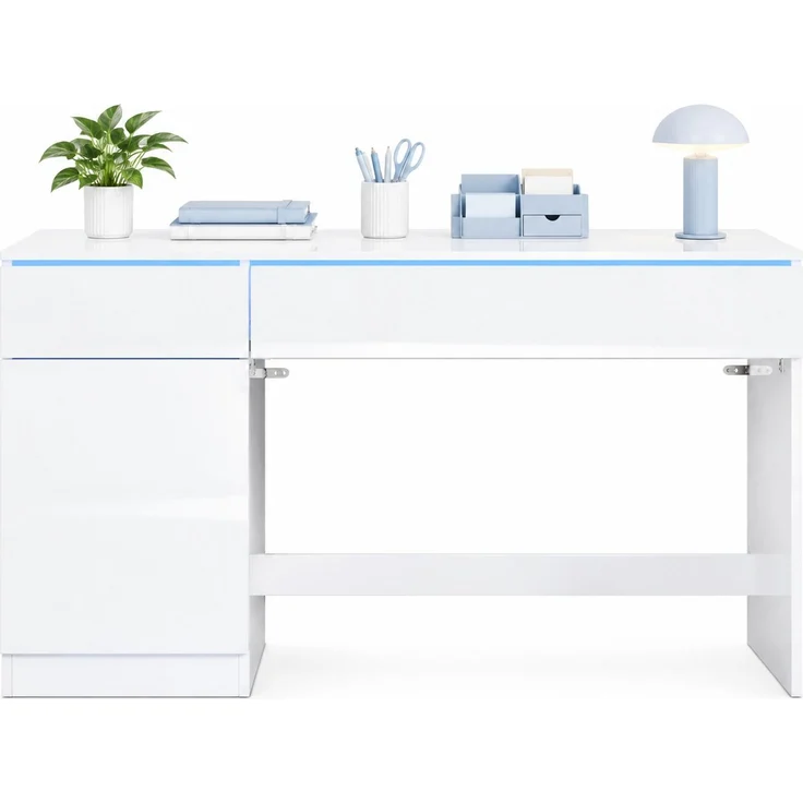 Schreibtisch aus Spanplatte mit LED-Beleuchtung und Stauraum, 120x50x78 cm, Weiß – Bild 6