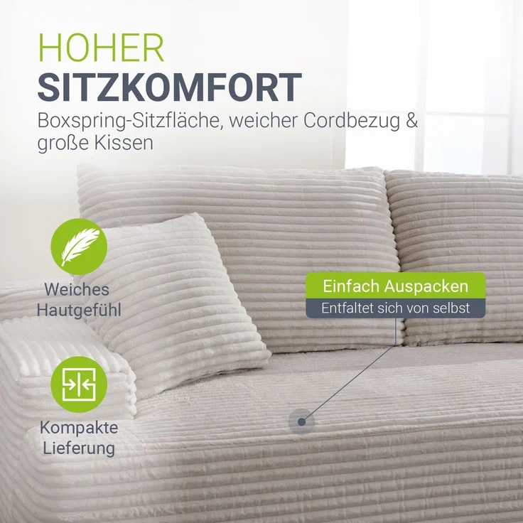 Juskys Sofa Coredo - modernes Cord Sofa mit Ottomane rechts, gemütliche Couch mit Schaumstoffpolsterung, Cordbezug & Kissen, modular - Taupe – Bild 4