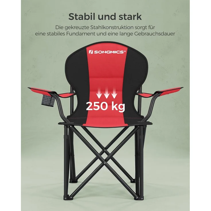 SONGMICS Campingstuhl, klappbar, Klappstuhl, bequemer mit Schaumstoff gepolsterter Sitz, mit Flaschenhalter, hoch belastbar, max. Belastbarkeit 250 kg, Outdoor Stuhl, rot GCB06BK – Bild 5