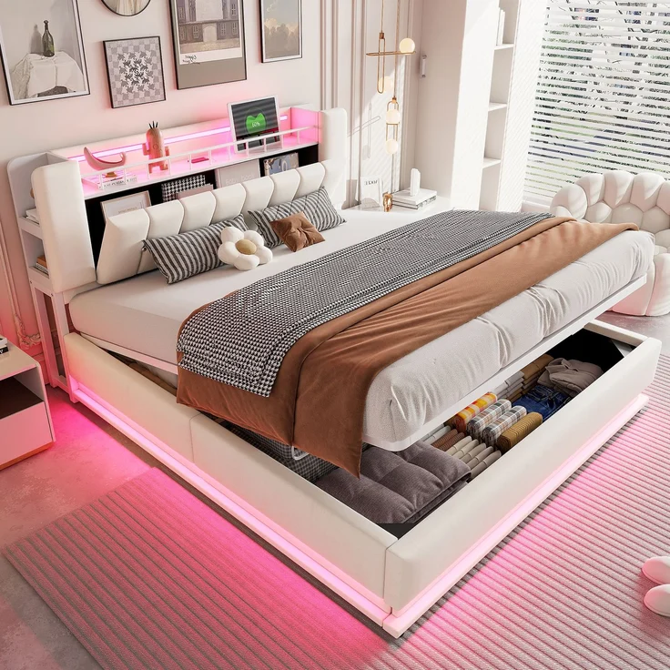 EINHOM Smartes Polsterbett 180 x 200 cm, Gepolstert, mit LED-Beleuchtung, USB- und Hydraulischem Stauraum, Weichem Samtbezug und Metallrahmen, Beige, (Ohne Matratze) – Bild 1