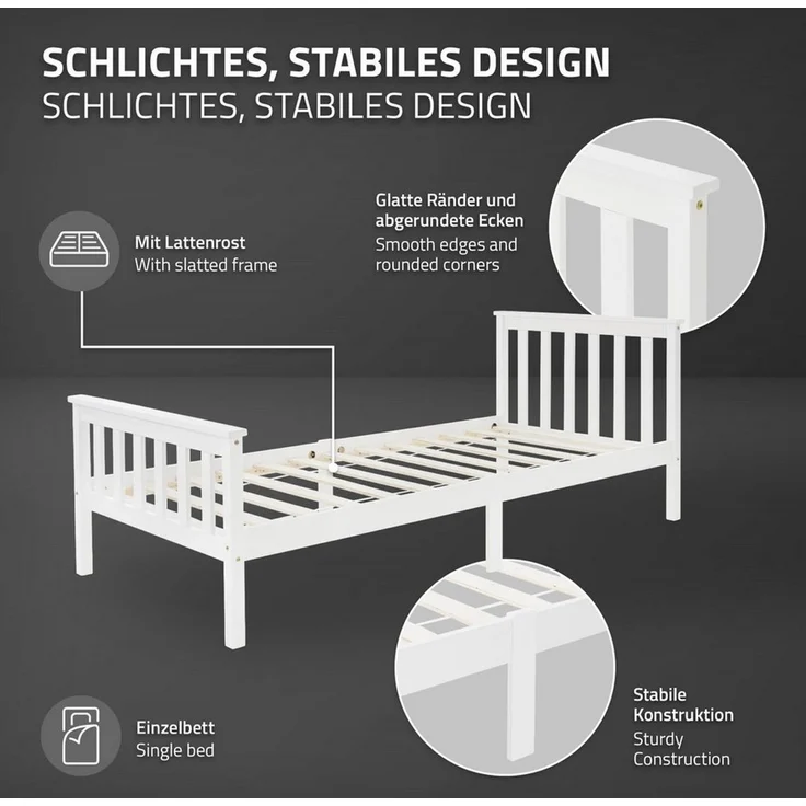 ML-DESIGN Bettgestell Holz Tagesbett, Jugend Einzelbett mit Kopf- & Fußteil, Holzbettgestell, Kinderbett, Bettrahmen Massivholz Bett Jugendbett Kiefer Weiß – Bild 3