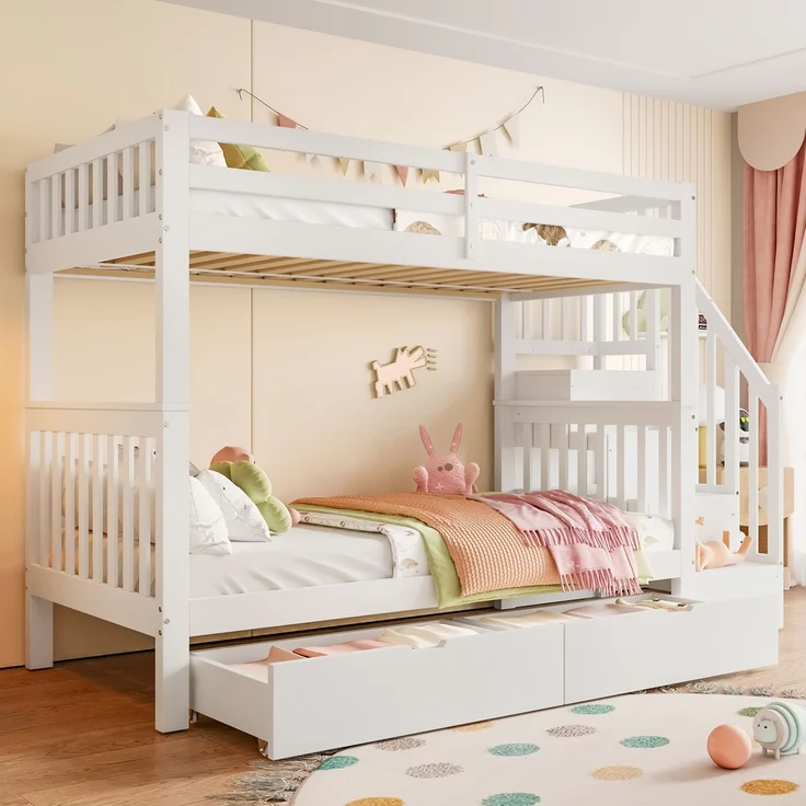 Etagenbett 90x200 cm mit Treppenregal, zwei Schubladen, hohes Sicherheitsgeländer mit Stauraum, Weiß – Bild 3