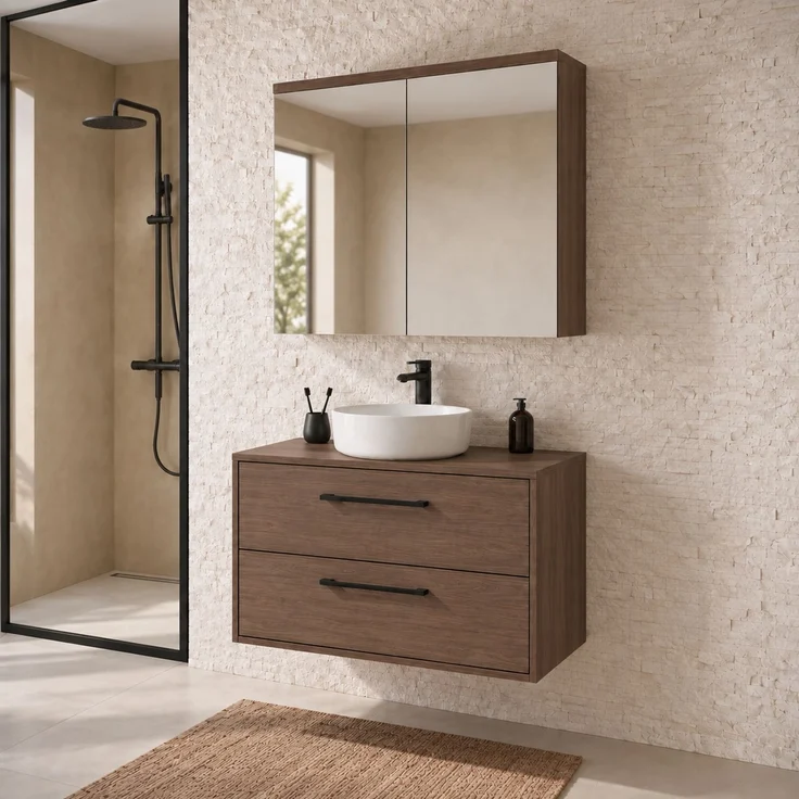 Badplaats Waschtischunterschrank Florence 80 x 46 cm - Walnuss Braun - mit Spiegelschrank – Bild 5