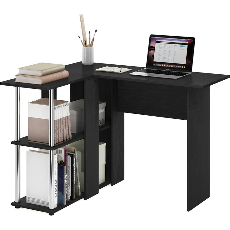 Furinno Abbott L-förmiger Schreibtisch mit Bücherregal, Americano, Edelstahlrohre – Bild 1