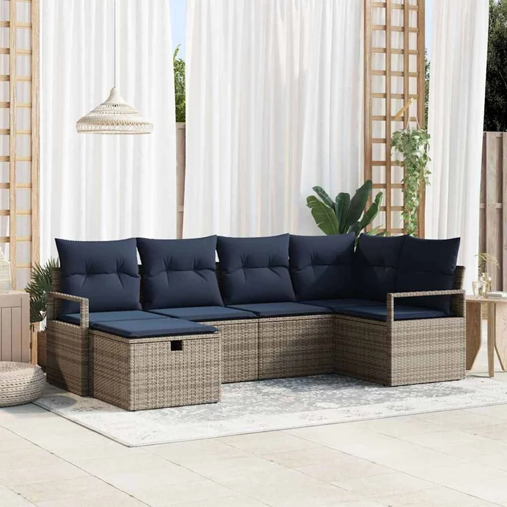 vidaXL Sofa Set 6 stk. Grau und Marineblau Poly-Rattan 3359184 – Bild 1