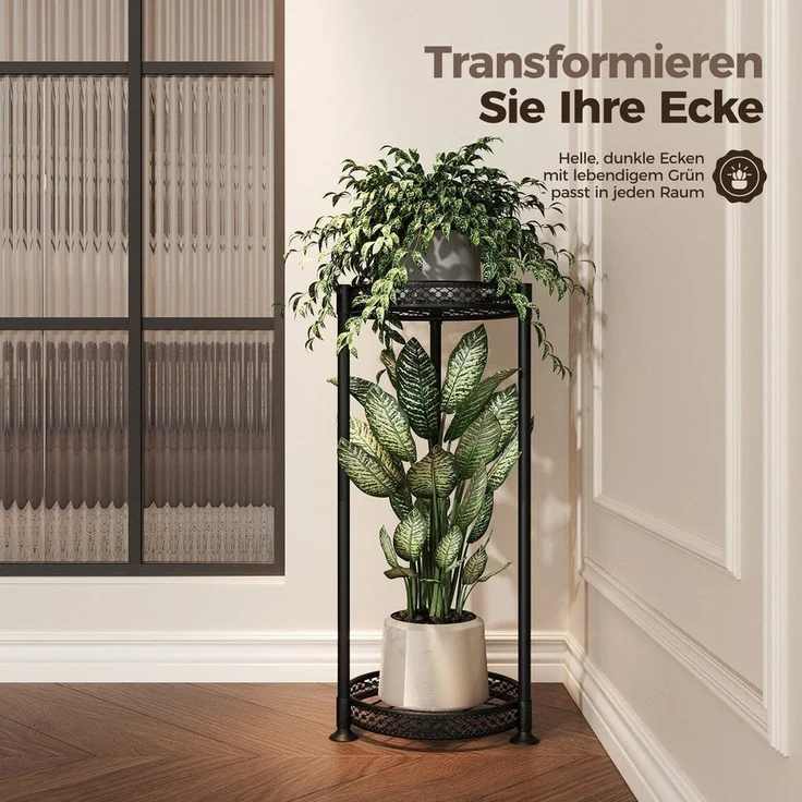 Bamworld Blumenständer Hoher Metallpflanzenständer 2-fach mit Blütenrand (1 St), Schwarz Ecke – Innen/Außen Balkon Wohnzimmer – Bild 2