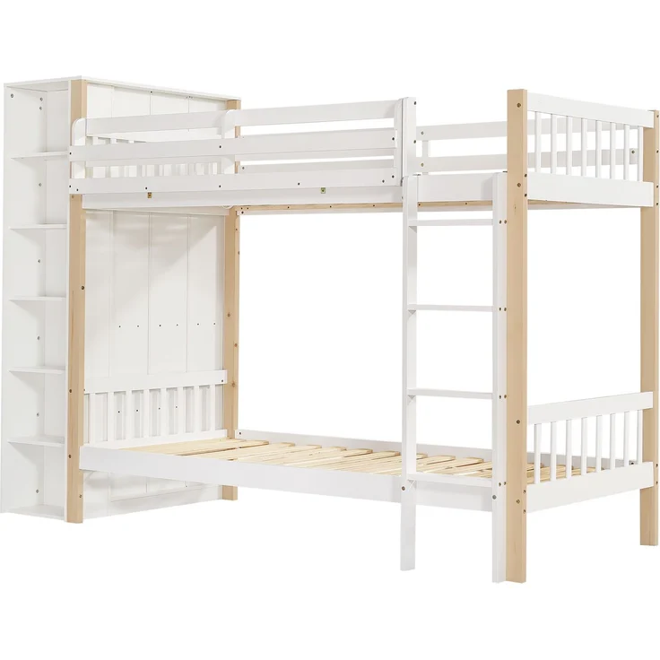 Merax Etagenbett, 90x200cm Kinderbett mit Fallschutz und Gitter, mit 4-stufiger Leiter, 6 offenen Regalen, Kleiderschrank seitlich, Reichlich Stauraum, Kiefer+PB, Weiß+Natur – Bild 8