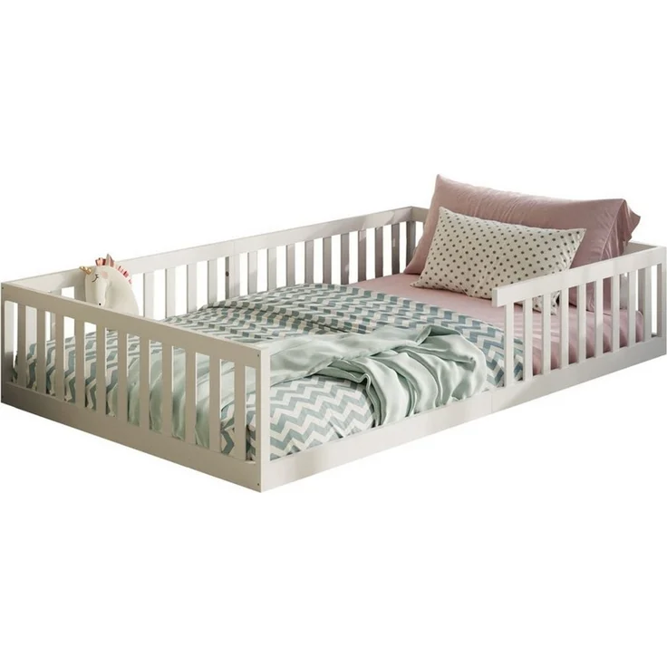 Kids Collective Kinderbett Bodenbett Bett mit Rausfallschutz & Lattenrost Montessori Bett Kinder (weitere Größen, 90x200, 140x200 cm), Jugendbett Einzelbett mit Matratze, weiß Kiefer 120x200 cm – Bild 1