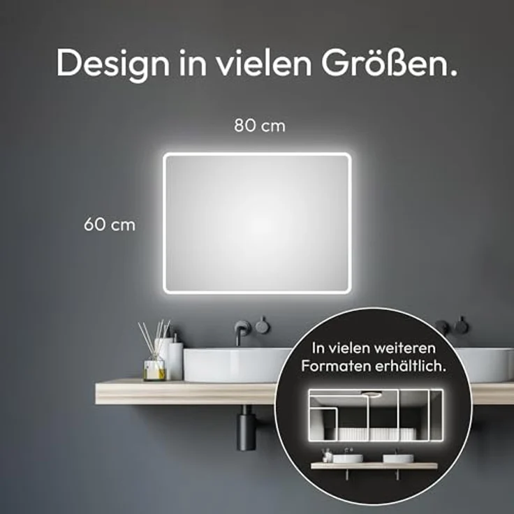Talos Moon Badspiegel mit Beleuchtung 80x60 cm, feuchtraumgeeignet mit Aluminiumrahmen, Lichtfarbe in Neutralweiß – Bild 4
