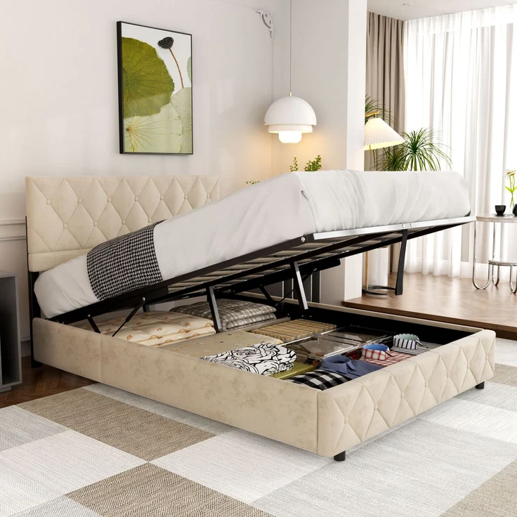 Polsterbett aus Kunstleder mit Aufbewahrungsbox & Lattenrost, ohne Matratze, 140x200 cm, Beige – Bild 2