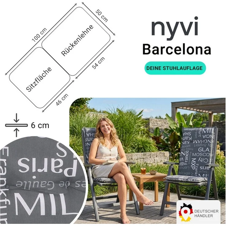 NYVI Sitzauflage Niedriglehner Auflagen 2er Set Barcelona Gartenstuhlauflagen 100x50cm, (2 St), Niederlehner Stuhlauflage Sitzauflage mit Halteband Schrift Namen – Bild 2