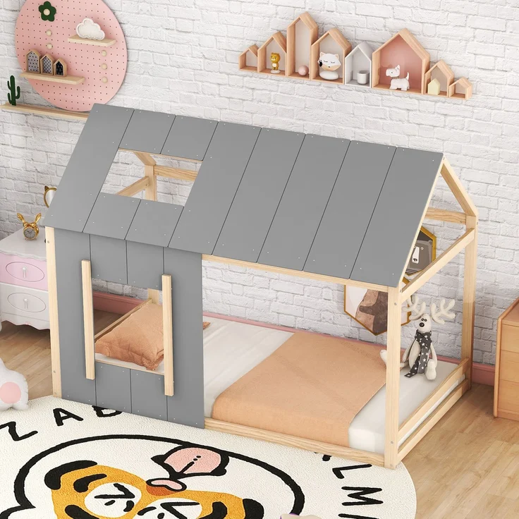 Kinderbett 90x200 cm in Hausform, Montessori Bett mit Dach und Fenster,offenes Design zum Dekorieren,Natur & Grau – Bild 2