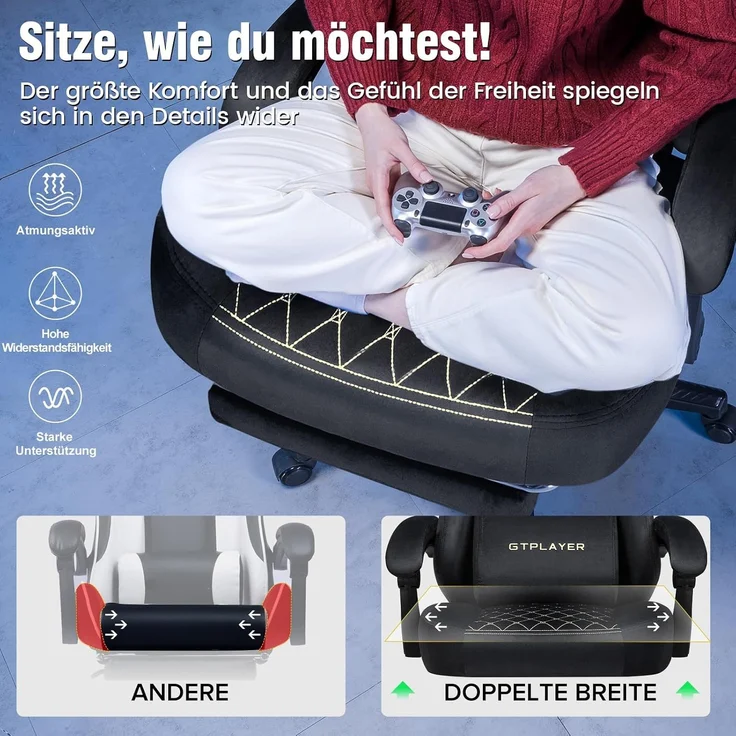 GTPLAYER Gaming Stuhl Stoff Gaming Chair Ergonomisch Bürostuh PC Stuhl, 150kg Belastbarkeit, Verstellbarer und Drehbarer Schreibtischstuh mit Federsitzkissen und Fußstütze, Schwarz – Bild 3