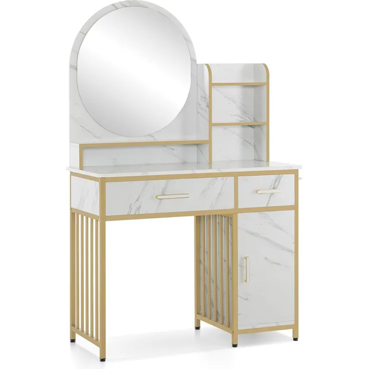 M MCombo Schminktisch mit Spiegel, Frisiertisch Make-up Tisch mit 2 Schubladen, 3 Offene Ablagen, Föhnhalter, Kosmetiktisch aus Holz Metallgestell, Marmor-Weiß Gold, 2501