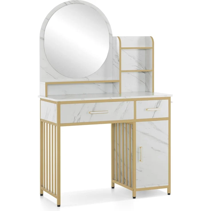 M MCombo Schminktisch mit Spiegel, Frisiertisch Make-up Tisch mit 2 Schubladen, 3 Offene Ablagen, Föhnhalter, Kosmetiktisch aus Holz Metallgestell, Marmor-Weiß Gold, 2501