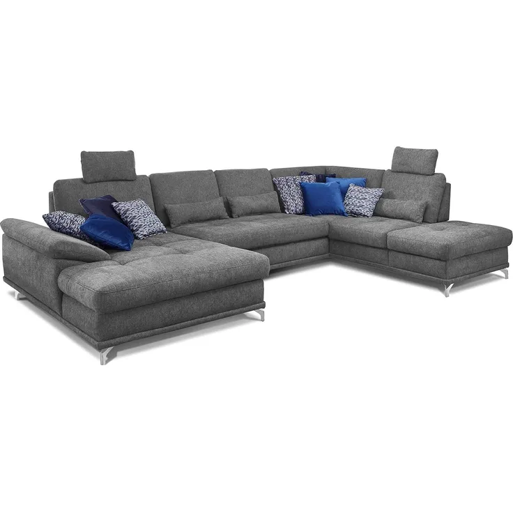 Cavadore Wohnlandschaft Castiel mit Federkern / Großes Schlafsofa in U-Form mit Bett, Sitztiefenverstellung und Kopfstützen / 368 x 114 x 232 / Webstoff, Grau