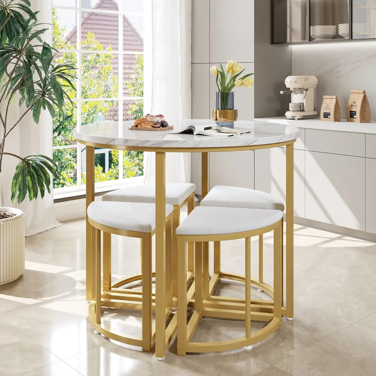 Runder Esstisch 80 cm mit 4 Samtstühlen, MDF Tischplatte weiß, Essgruppe mit vergoldetem Metallrahmen für Küche & Esszimmer – Bild 3