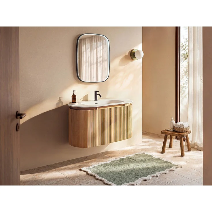 Vente-unique - Hängender Badschrank gestreift aus Eschenholz mit Einbau-Waschbecken aus mattem Harz – Hellnatur – L90 cm – LILIKO – Bild 2
