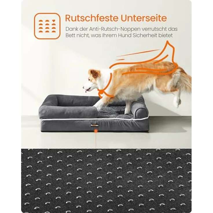 Feandrea Orthopädisches Hundebett, Hundekissen, Hundekorb, weiche Polsterung, Hundesofa, erhöhte Ränder, Bezug abnehmbar und waschbar, 91 x 71 x 20 cm, rutschfeste Unterseite, dunkelgrau PGW076G01 – Bild 9