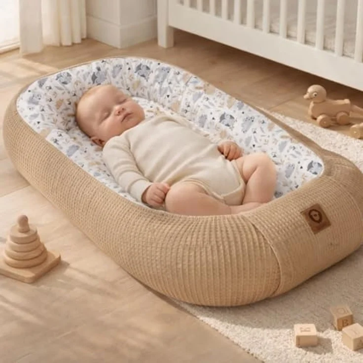 Babynestchen Neugeborene – Nestchen Baby aus Waffel Baumwolle & Baumwollstoff – Babynest für Babybett & Kinderbett – Baby Kokon Tragbar – OEKO-TEX zertifiziert – Zubehör für Babybett - Eulen und Braun – Bild 2