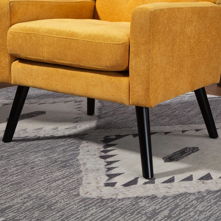 LVHOM Sessel aus Leinenstoff mit Knopfsteppung, Relaxsessel mit Massivholzbeinen, Polstersessel für Wohnzimmer & Büro, bis 130kg, Gelb – Bild 4