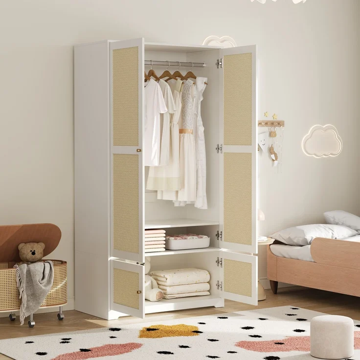 Kleiderschrank 90 x 48 x 180 cm mit Rattantüren, MDF und Kleiderstange, Weiß – Bild 4