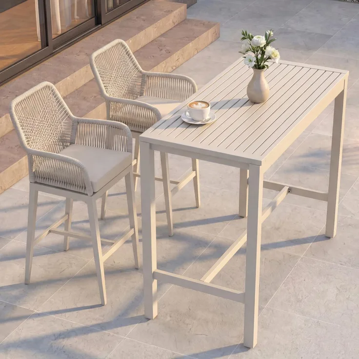 Set Bartisch + 2x Barhocker HWC-P91, Barstuhl Stehtisch, Outdoor Sitzpolster Seilgeflecht Metall ~ creme
