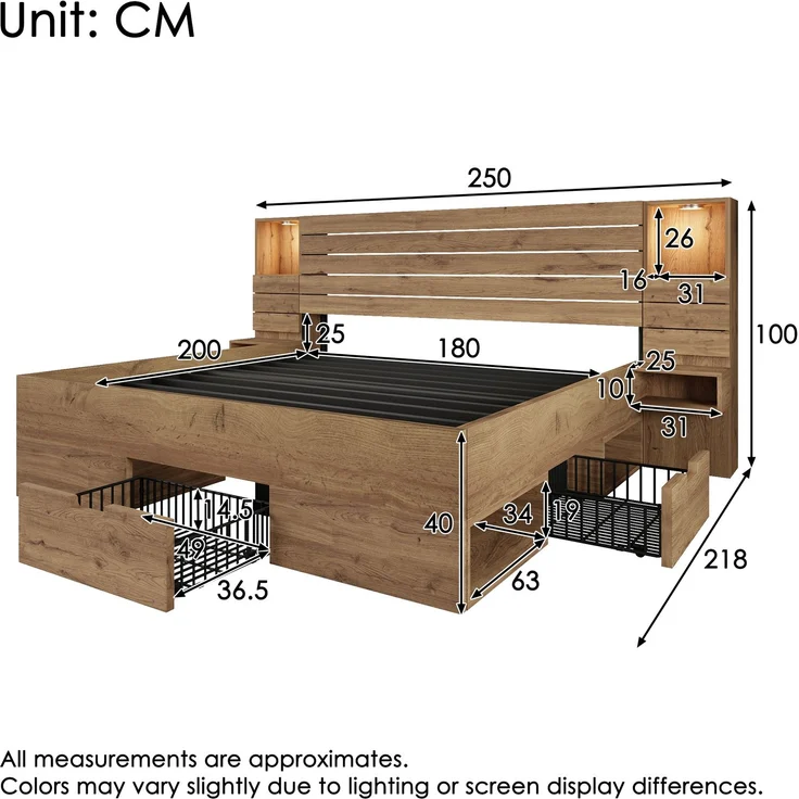 Holzbett 180x200 cm, Doppelbett und Erwachsenenbett, mit LED-Downlights, USB & Type-C Ladestation und schwebenden Nachttischen, Eichenoptik – Bild 10