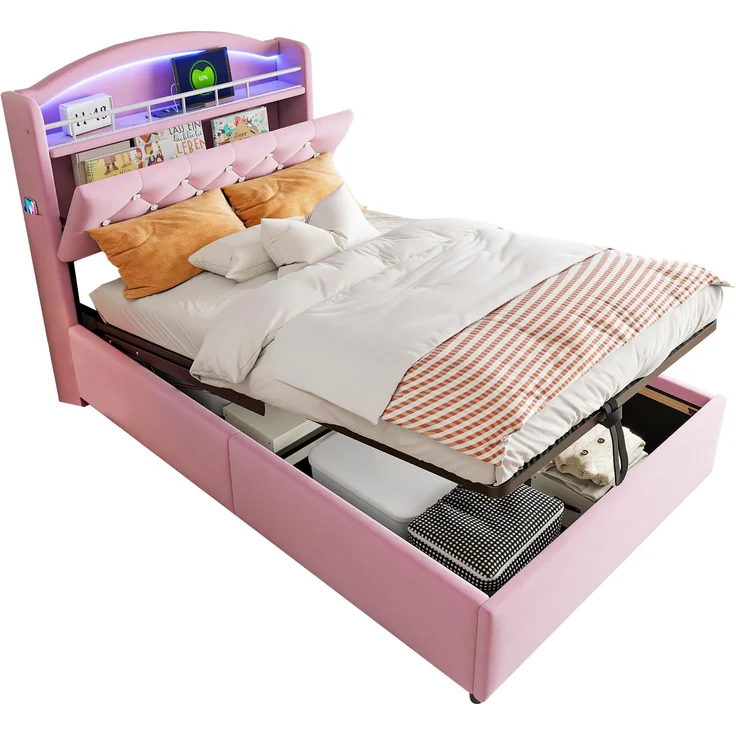 Merax Kinder Polsterbett 90x200, Samt Einzelbett Multifunktionsbett mit Stauraum mit LED und USB Rosa – Bild 10