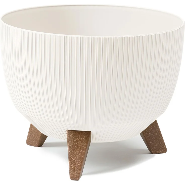 LAMELA Runder Blumentopf mit stivollen Füßen - Moderner Kunststofftopf mit Streifen - Ø 29 cm x H 18,3 cm, 9,3 L - Wetterfest & pflegeleicht - Für Innen & Außen - Creme