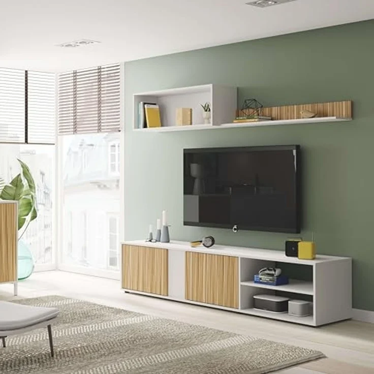 Habitdesign, Wohnzimmermöbel Set, Moderne Wohnwand mit TV-Schrank, Flexibler Montage rechts oder Links, in Artik weiß und Naturholz-Optik, Maße: 180 x 40 x 33 cm (B x H x T), Modell Ecco – Bild 2