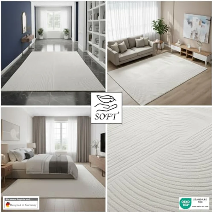 Vimoda Teppich Teppich Wohnzimmer Boho Design dünn kurzflur teppich, Rechteckig, Höhe: 6 mm, Hoch Tief Effekt 3D Teppich, in Creme, Grau &Taupe Läufer Schlafzimmer – Bild 5