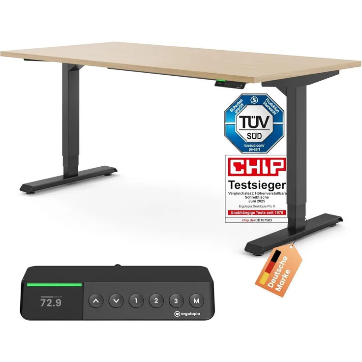 Desktopia Pro X - Elektrisch höhenverstellbarer Schreibtisch / Ergonomischer Tisch mit Memory-Funktion, Ahorn, Gestell Schwarz, 160x80 cm