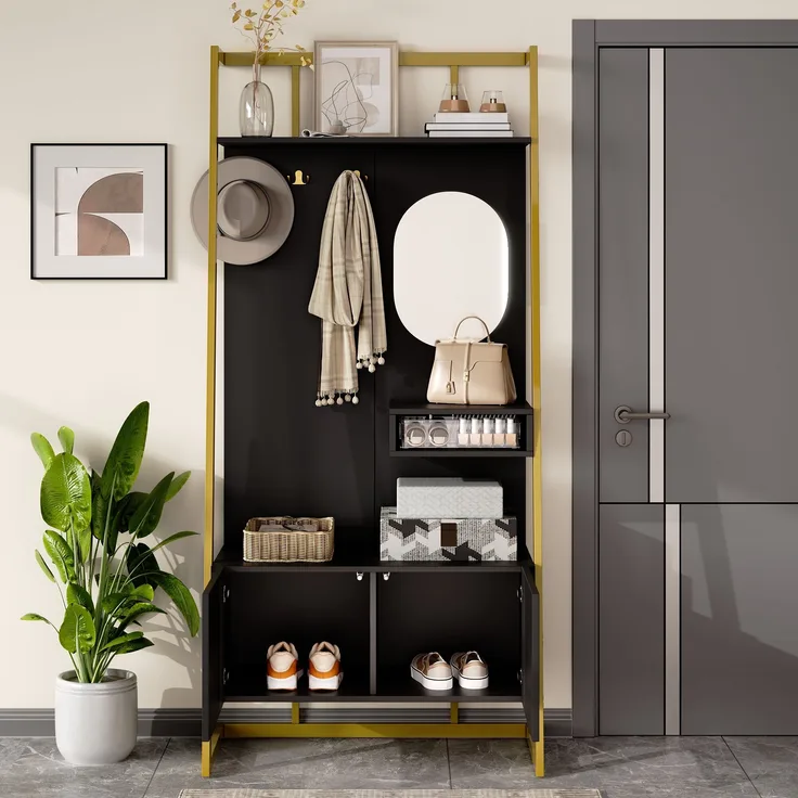 Garderobe MDF mit Spiegel, Haken & Schuhschrank, 78x38,5x180,5 cm, Schwarz