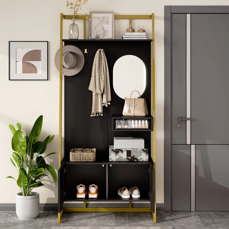 Garderobe MDF mit Spiegel, Haken & Schuhschrank, 78x38,5x180,5 cm, Schwarz – Bild 1