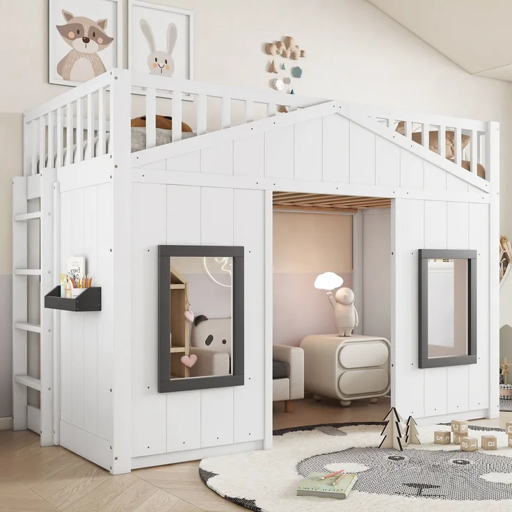 Bett 90x200 cm Etagenbett mit Treppe und Stauraum – Weiß/Grau, Kiefer+MDF