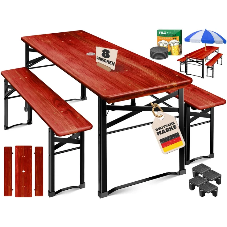 KESSER® Bierzeltgarnitur 3 teilig Gartenmöbel-Set | Klappbar 170 x 46 x 75 cm | 2X Bierbänke 1x Biertisch | Festzeltgarnitur Biertisch Stehtisch Sitzgarnitur Holz 12x Bodenschoner