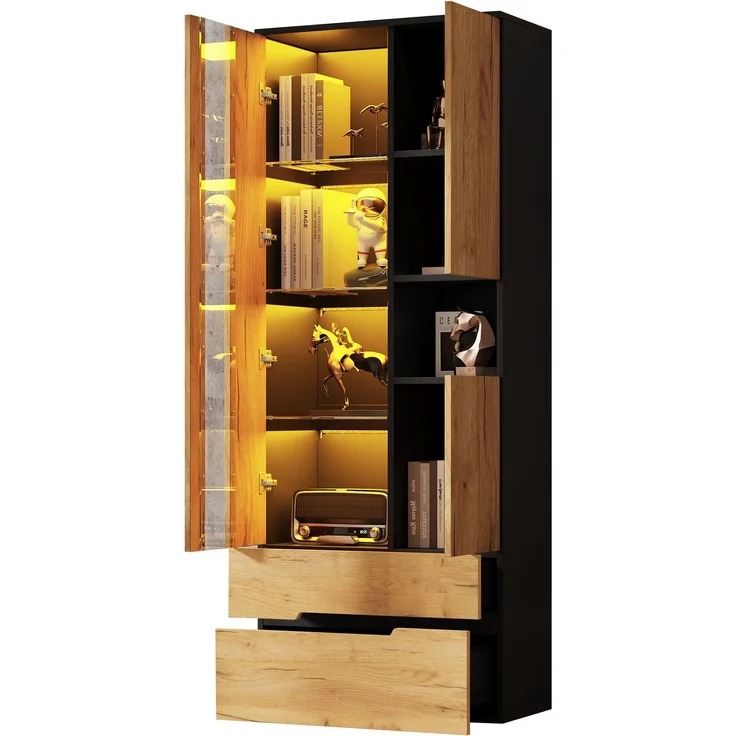 Vitrinenschrank 70x35x180 cm mit LED-App-Steuerung, 3 Türen und 2 Schubladen – Bild 4