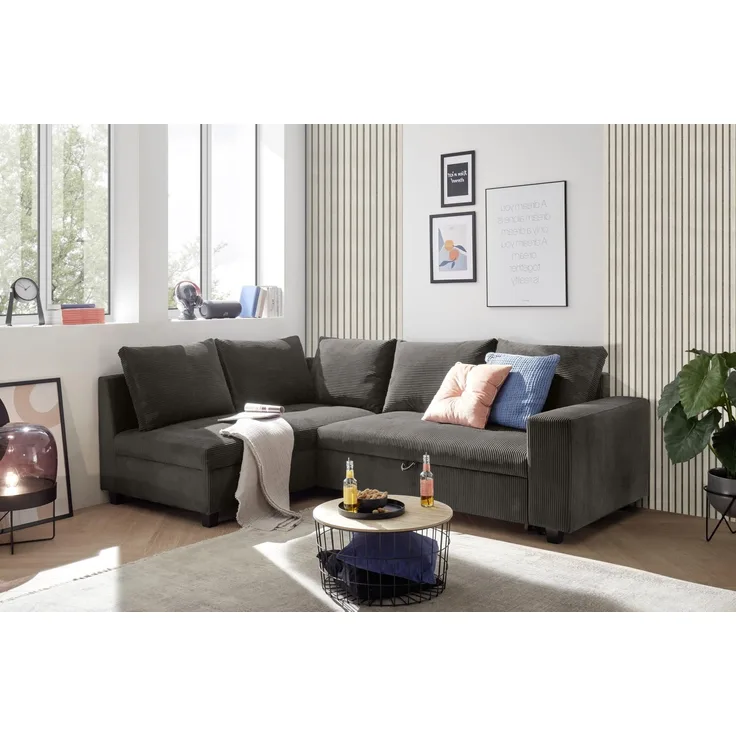 Ecksofa L-Form aus Cordstoff mit Schlaffunktion, braun (Mocca) – Liegefläche 147 × 207 cm, Breite 243 cm, Sitzhöhe 45 cm, Modell MIRA