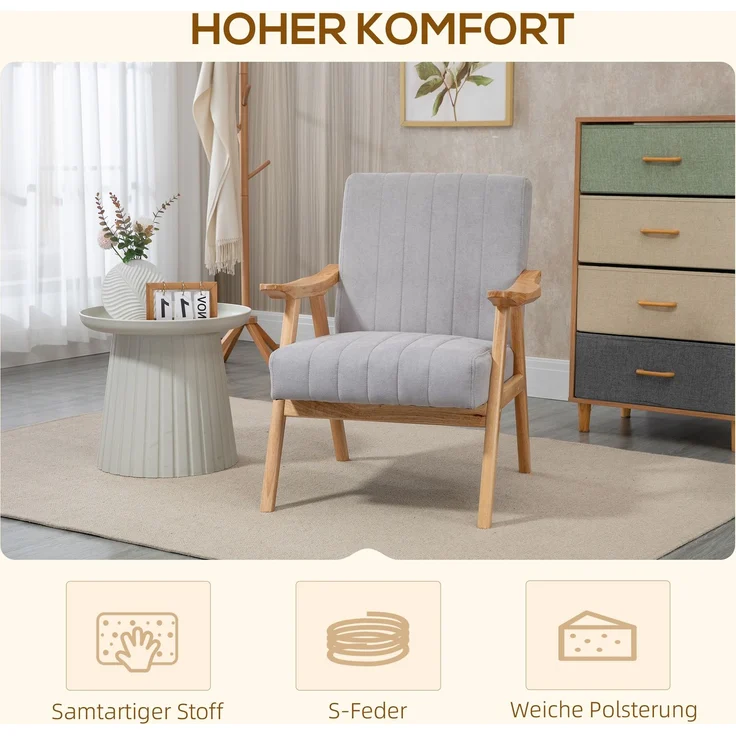 Ohrensessel Polsterstuhl mit Armlehnen Loungesessel Relaxsessel Skandi-Design Gummiholzbeine Hellgrau für Wohnzimmer & Entspannung--Hellgrau--68x74x82cm--YOUDENOVA – Bild 4
