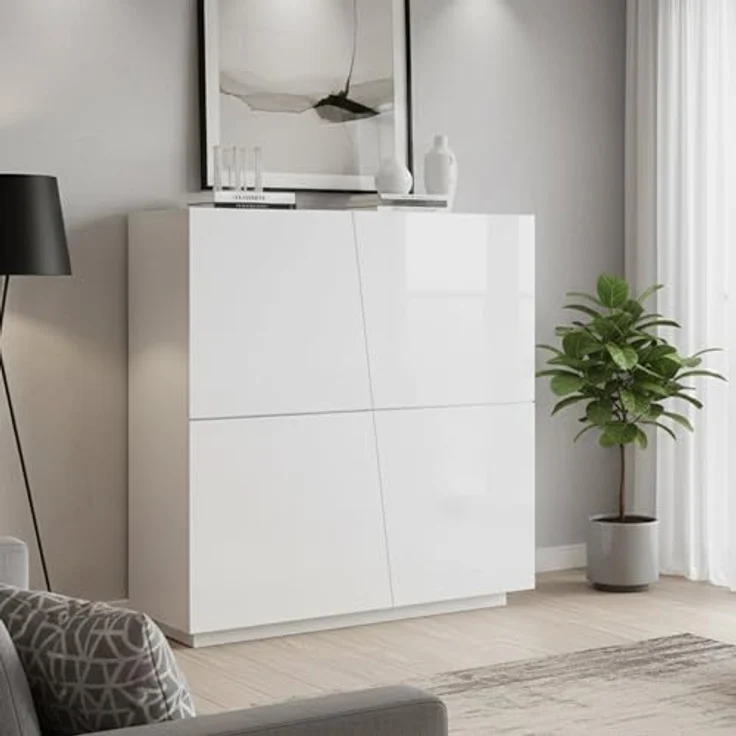 Dmora - Kommode Pavel, 4-türiges Küchen-Sideboard, Wohnzimmer-Buffet, 100 % Made in Italy, 120 x 43 x 126 cm, glänzendes Weiß, – Bild 5