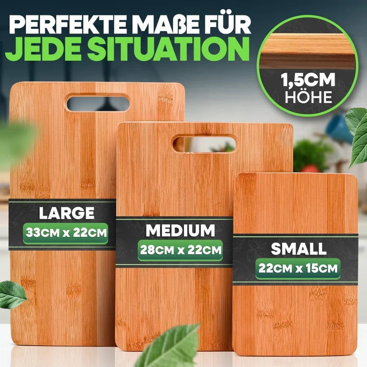 Loco Bird Schneidebrett 3er Set - 1x 33x22cm, 1x 28x22cm, 1x 15x22cm, Bambus, (Holzschneidebretter, 3-St, Holz-Brett für die Küche), Antibakterielles Schneidebrett aus Holz – Bild 2
