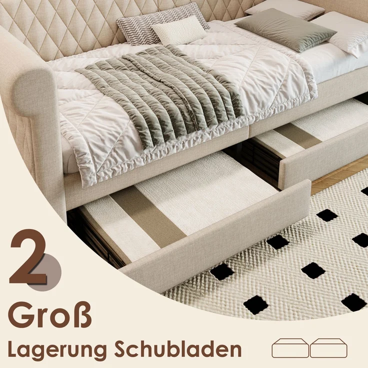 Schlafsofa aus Leinen mit 2 Schubladen & Lattenrost, 90x200 cm, Beige, ohne Matratze – Bild 7