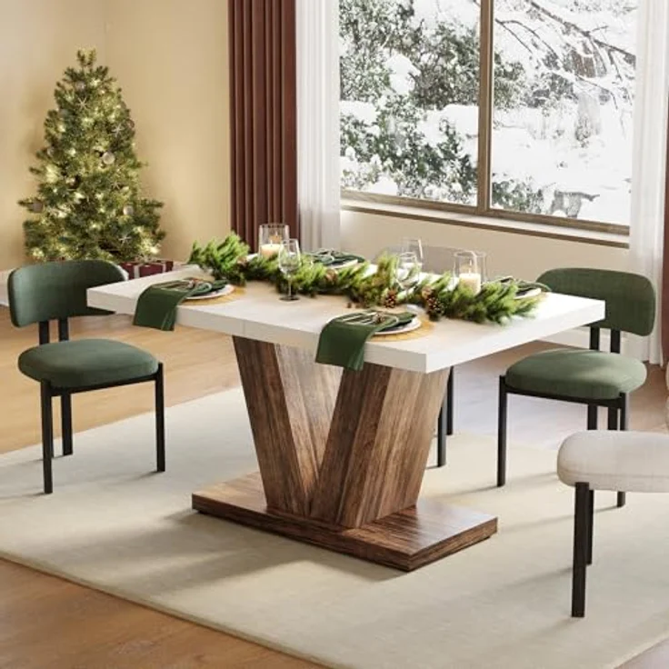 LITTLE TREE 47 Zoll Esstisch für 4 Personen, moderner Esszimmertische, weißer rechteckiger Küchentisch mit rustikalem, braunem V-förmigem Sockel, Esstisch aus Holz für Esszimmer, Küche, Wohnzimmer – Bild 5