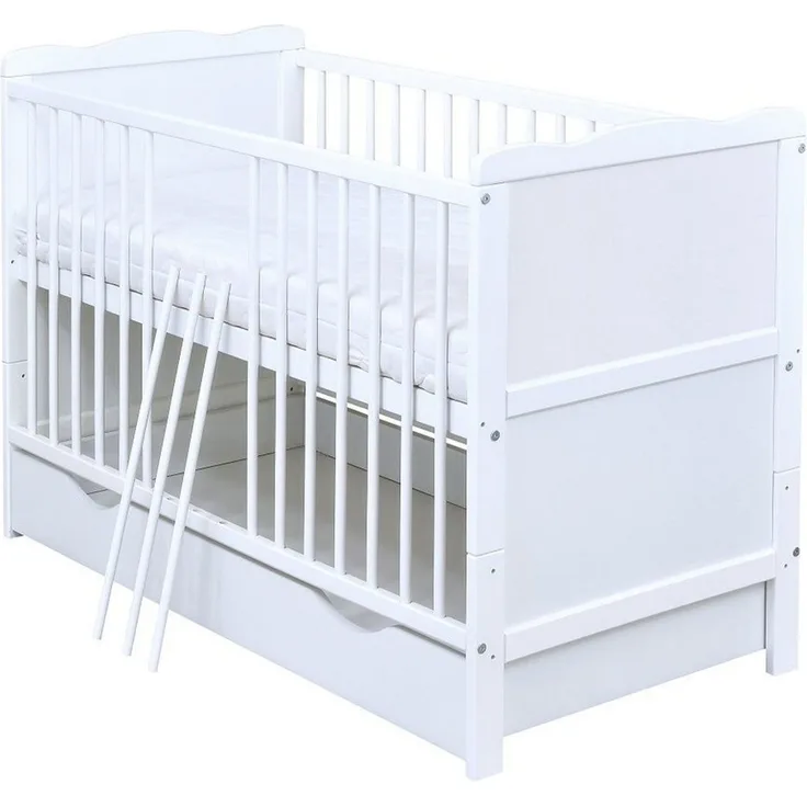 Baby-Delux Babybett Jack Bettkasten, Kinderbett Gitterbett 140x70 weiß mit Beißschienen Schublade, Matratze