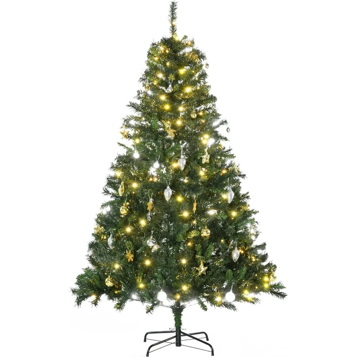 HOMCOM Künstlicher Weihnachtsbaum mit Deko 200 LEDs 745 Spitzen, Tannen, 112x180 cm (BxH), grün – Bild 1